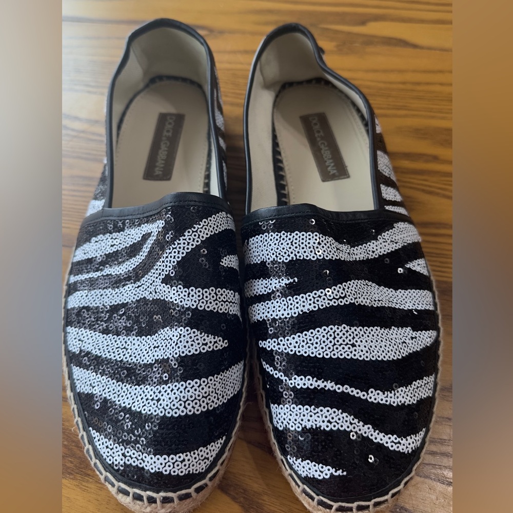 DOLCE & GABBANA Sequins Zebra Print Espadrille  Black White SZ 10 (shoe15)